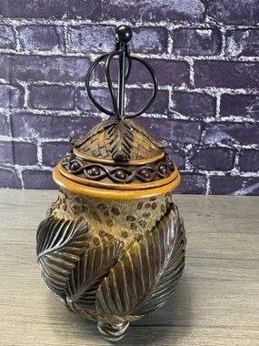 Leaf Accent Safari Styled Resin Canister in Brown and Gold - Unbranded